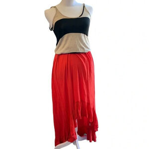 WOODLEGH women's XS maxi asymmetrical striped dress, black, tan and coral